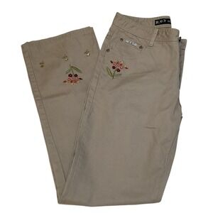 RVT Serve Piping Hot Bloom Embroidered Tan Pants Sz 11/12 Hong Kong 100%‎ Cotton